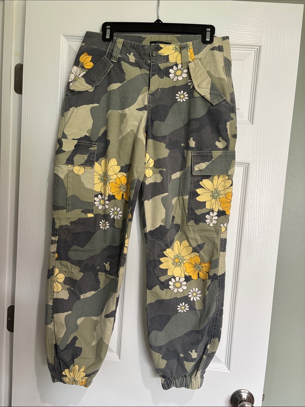 Forever 21 Olive Camo Cargo Pants with Yellow Floral Print
